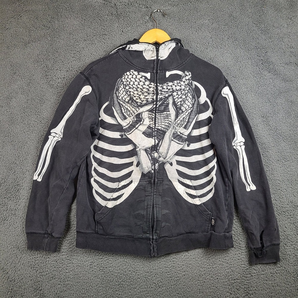 Hybrid Tees Mens Skeleton Full Zip Mask Hoodie Black Ribcage Distressed Medium